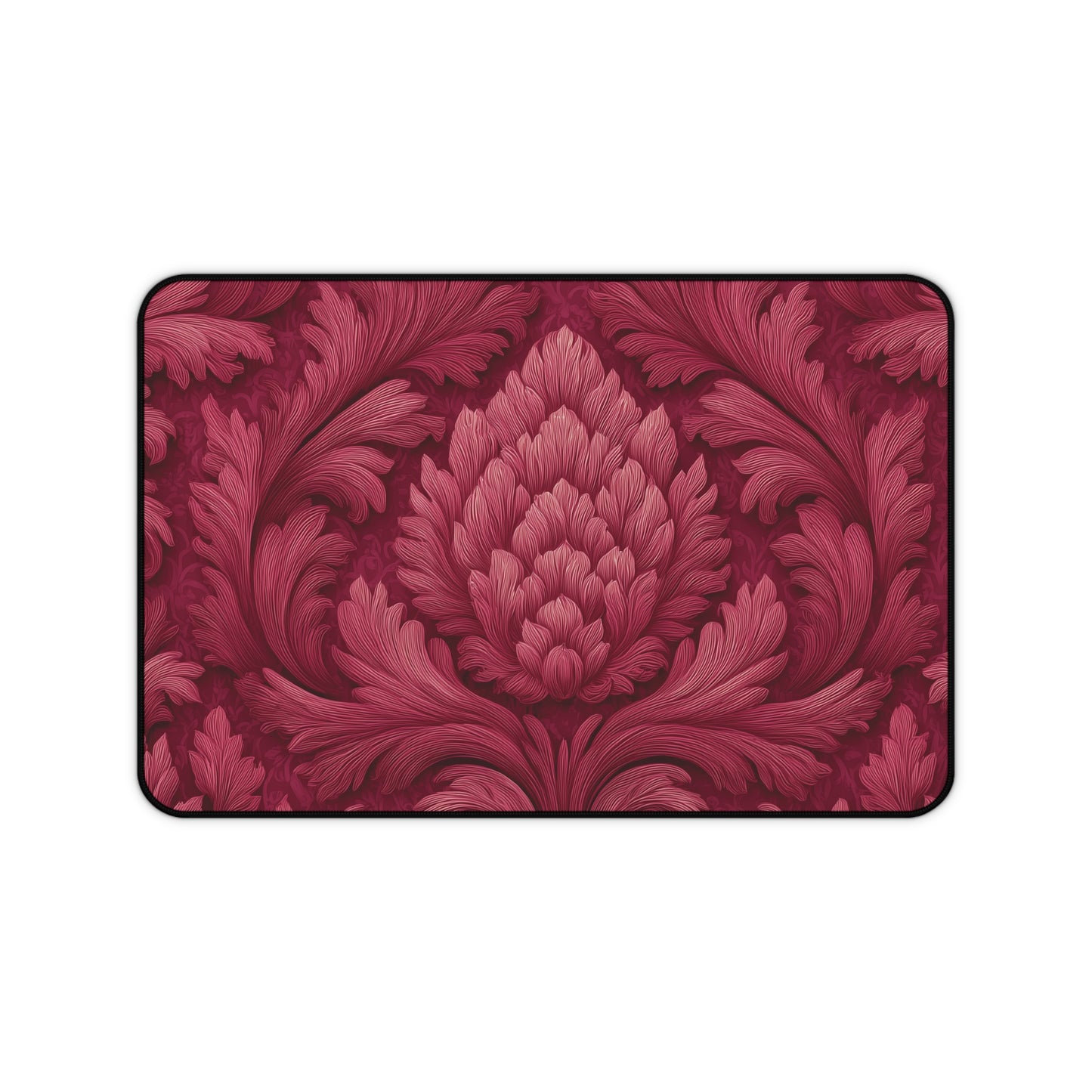 Ruby Red Desk Mat: Velvet-Look Damask Acanthus Design