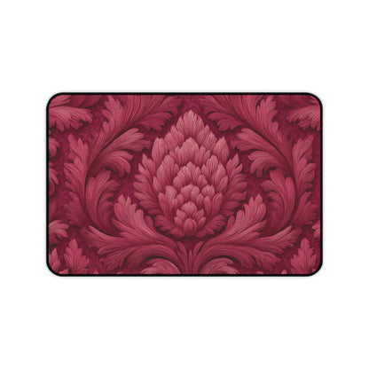 Ruby Red Desk Mat: Velvet-Look Damask Acanthus Design