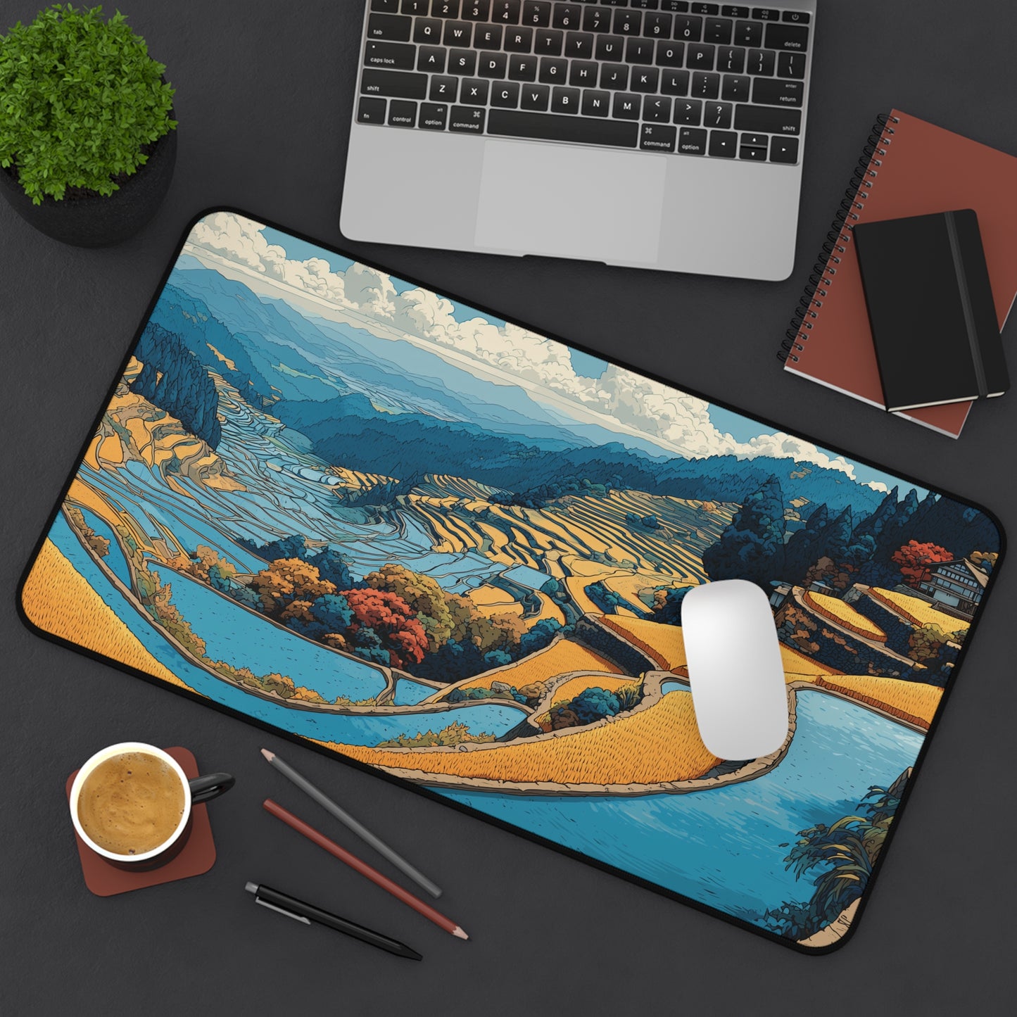 Japanese Desk Mat: Rice Fields Landscape Mouse Pad XL
