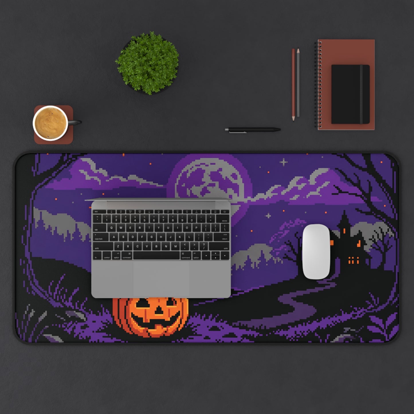 Rectangular desk mat with pixel art black cat on purple night scene under full moon