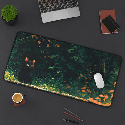 Dark Garden Desk Mat, Black Cat Mouse Pad Lofi, Aesthetic Plants Desk Pad