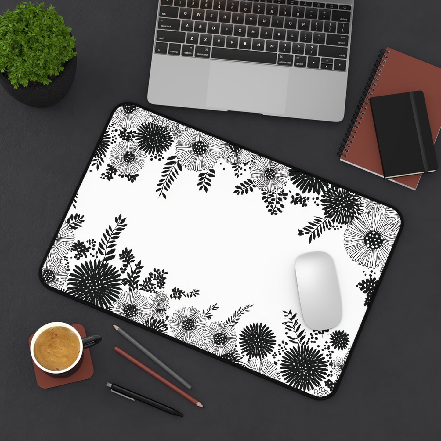 White Floral Desk Mat: Black Ink Flower Border Design