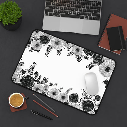 White Floral Desk Mat: Black Ink Flower Border Design