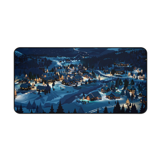 Snowy Christmas Town Desk Mat, Winter Desk Pad
