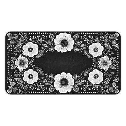 Black & White Floral Desk Mat: Hand-Drawn Botanical Mouse Pad