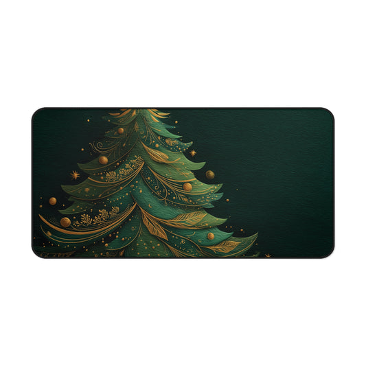 Christmas Tree Desk Mat, Green and Gold Holiday Desk Pad
