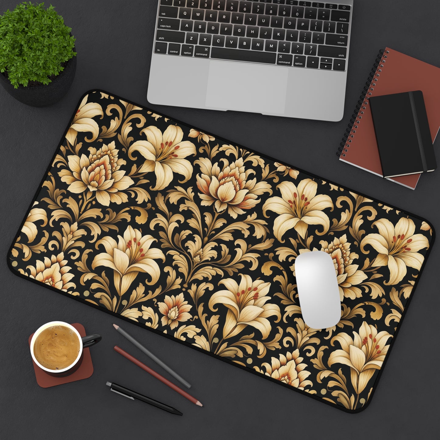 Black & Gold Desk Mat: Luxury Damask Mouse Pad