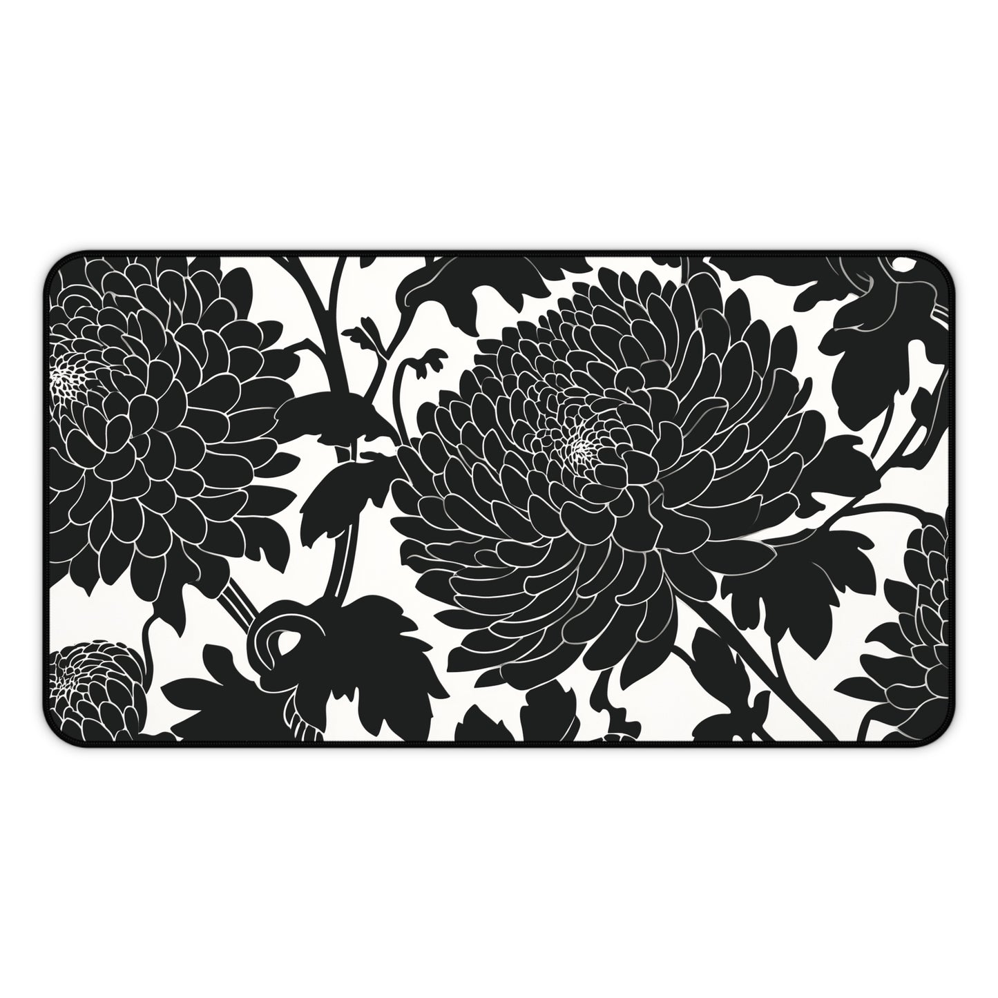 Japanese Chrysanthemum Desk Mat: Elegant Black & White Floral Mouse Pad