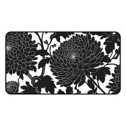 Japanese Chrysanthemum Desk Mat: Elegant Black & White Floral Mouse Pad
