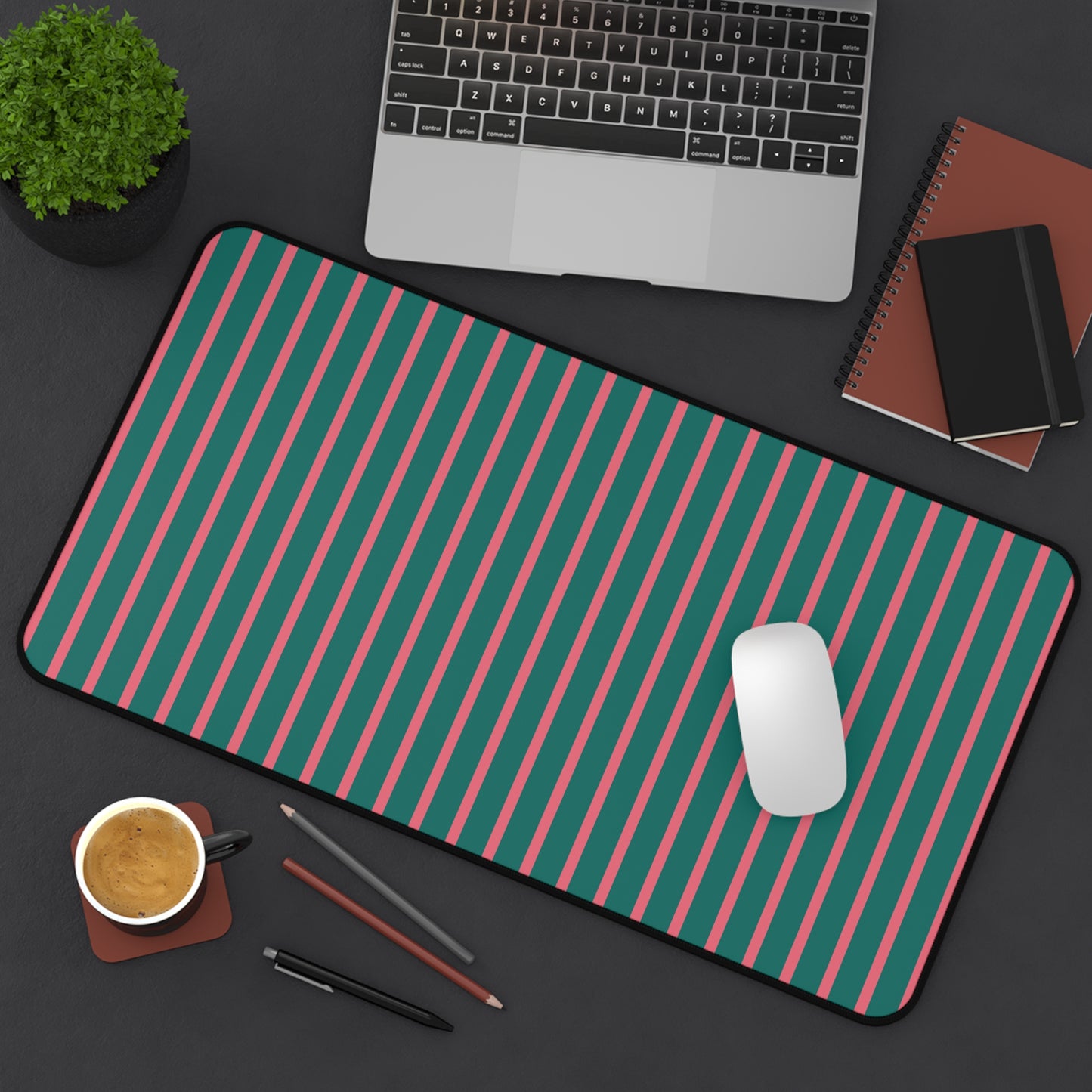 Teal & Coral Vertical Stripe Desk Mat — Modern Retro Office Mousepad