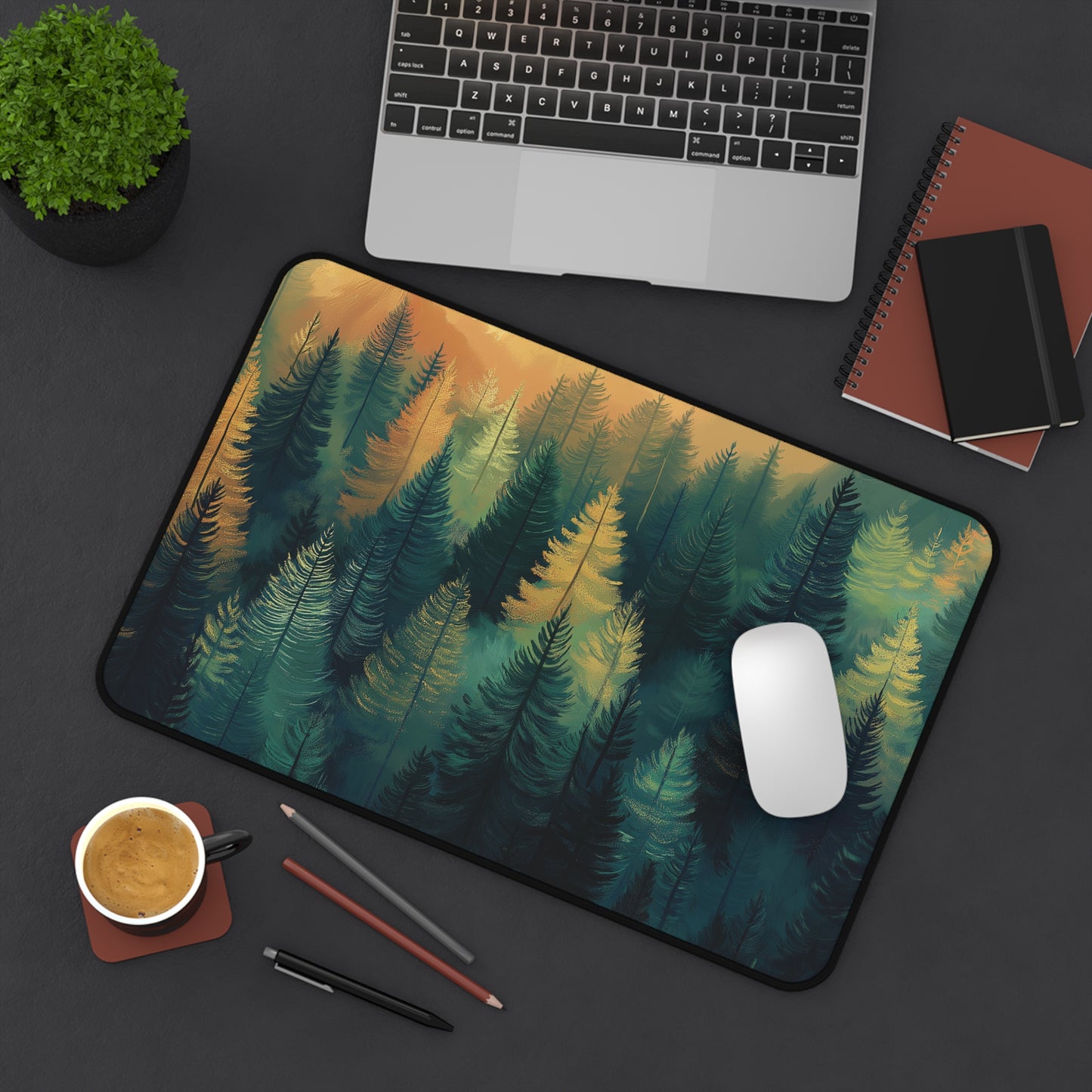 Forest Skyline Desk Mat: Green & Gold Woodland Mouse Pad