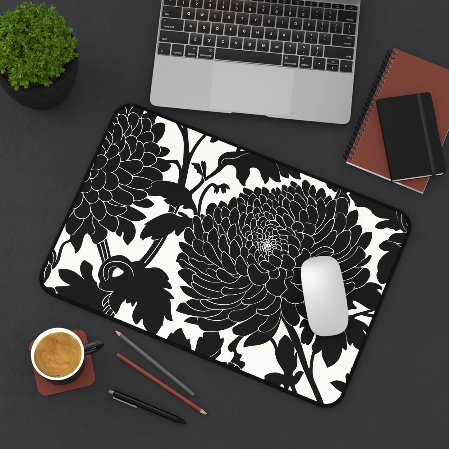 Japanese Chrysanthemum Desk Mat: Elegant Black & White Floral Mouse Pad
