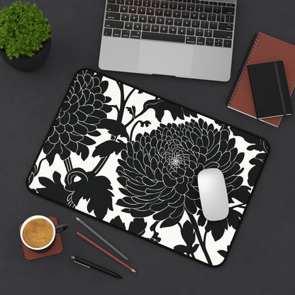 Japanese Chrysanthemum Desk Mat: Elegant Black & White Floral Mouse Pad
