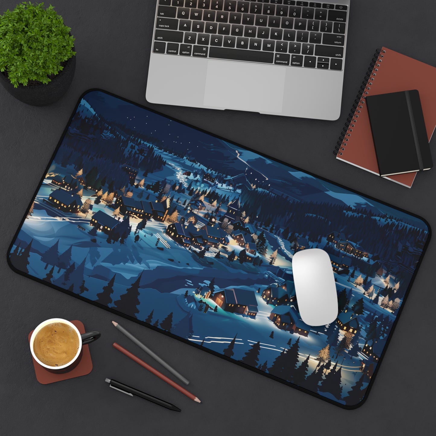 Snowy Christmas Town Desk Mat, Winter Desk Pad