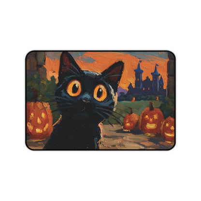 A rectangular mouse pad with rounded corners featuring a painted illustration of a black cat with glowing orange eyes, surrounded by carved pumpkins and a castle at sunset, shown on a plain white background.