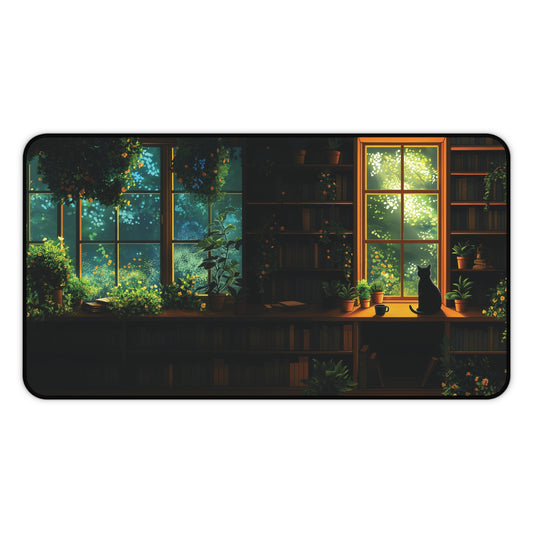 Cat Library Desk Mat, Cat and Plants Desk Pad, Dark Academia Keyboard Mat