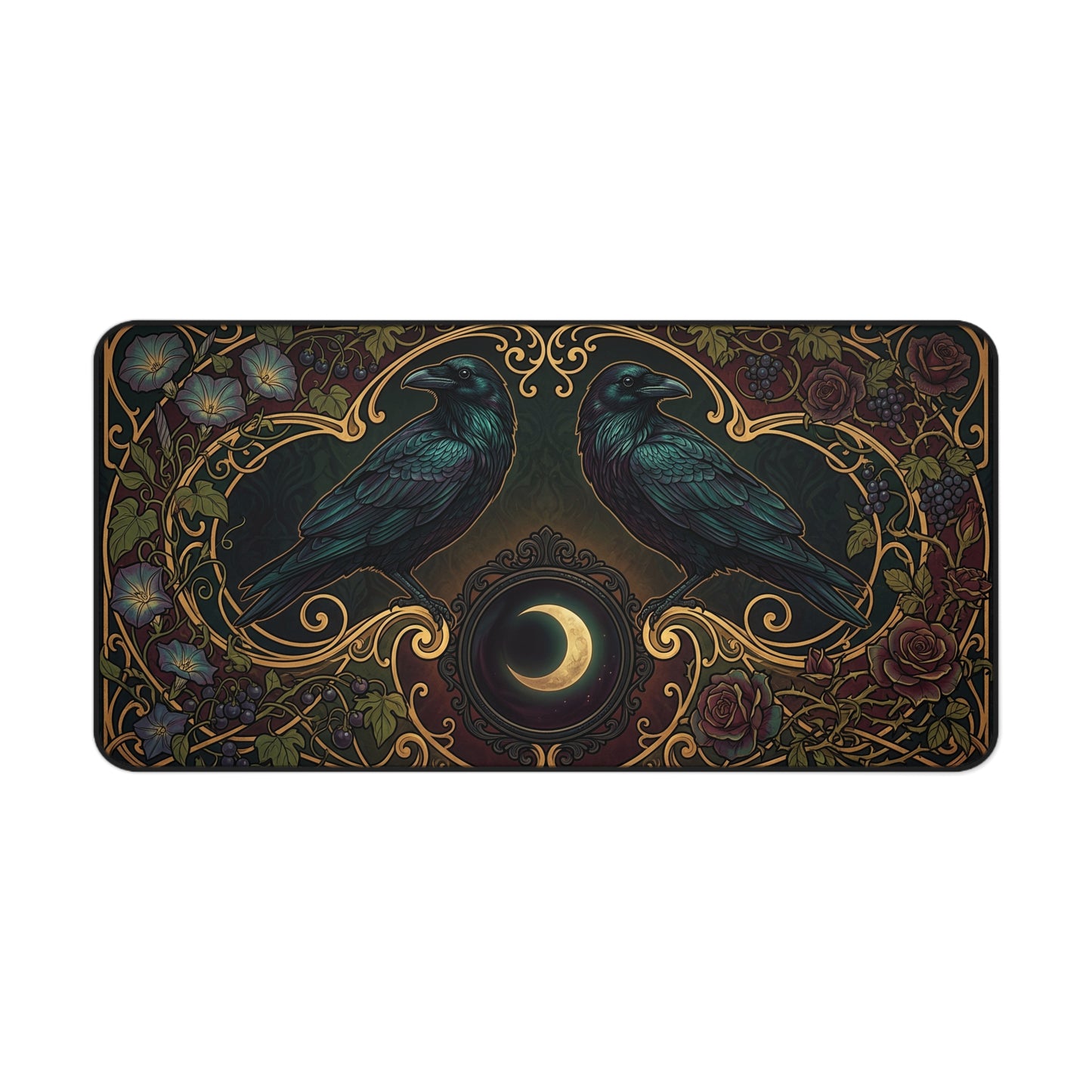 A rectangular decorative mat or plaque featuring an ornate gothic illustration of two ravens facing each other, with a crescent moon in the center and floral scrollwork in dark green, gold, purple, and brown tones, shown on a plain white background.