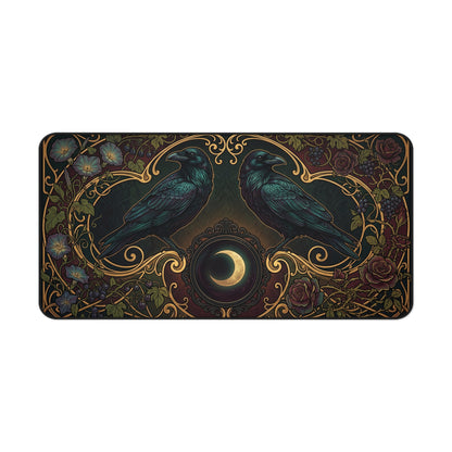 A rectangular decorative mat or plaque featuring an ornate gothic illustration of two ravens facing each other, with a crescent moon in the center and floral scrollwork in dark green, gold, purple, and brown tones, shown on a plain white background.