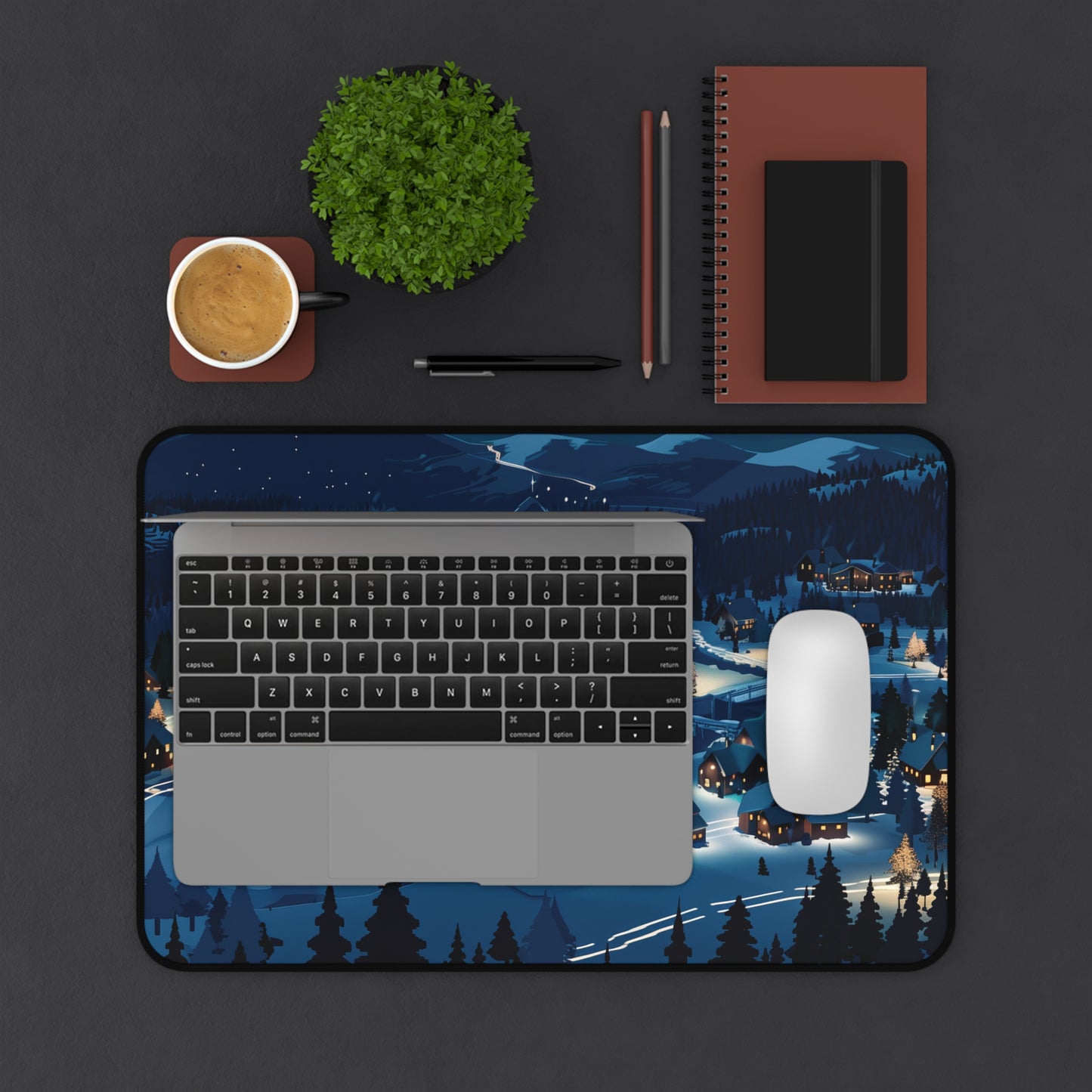 Snowy Christmas Town Desk Mat, Winter Desk Pad