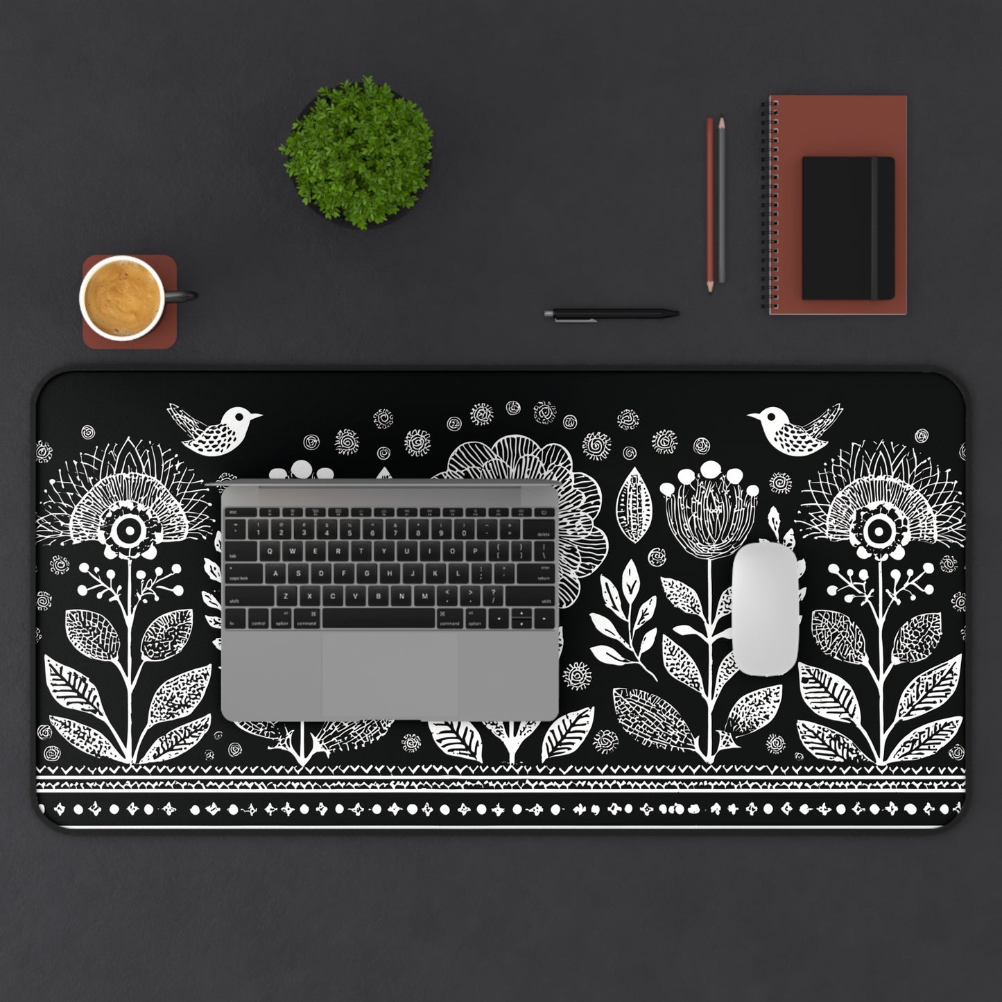 Folk Art Floral Desk Mat: Scandinavian Black & White Mouse Pad XL