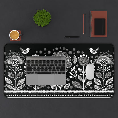 Folk Art Floral Desk Mat: Scandinavian Black & White Mouse Pad XL
