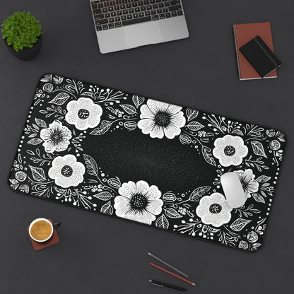 Black & White Floral Desk Mat: Hand-Drawn Botanical Mouse Pad