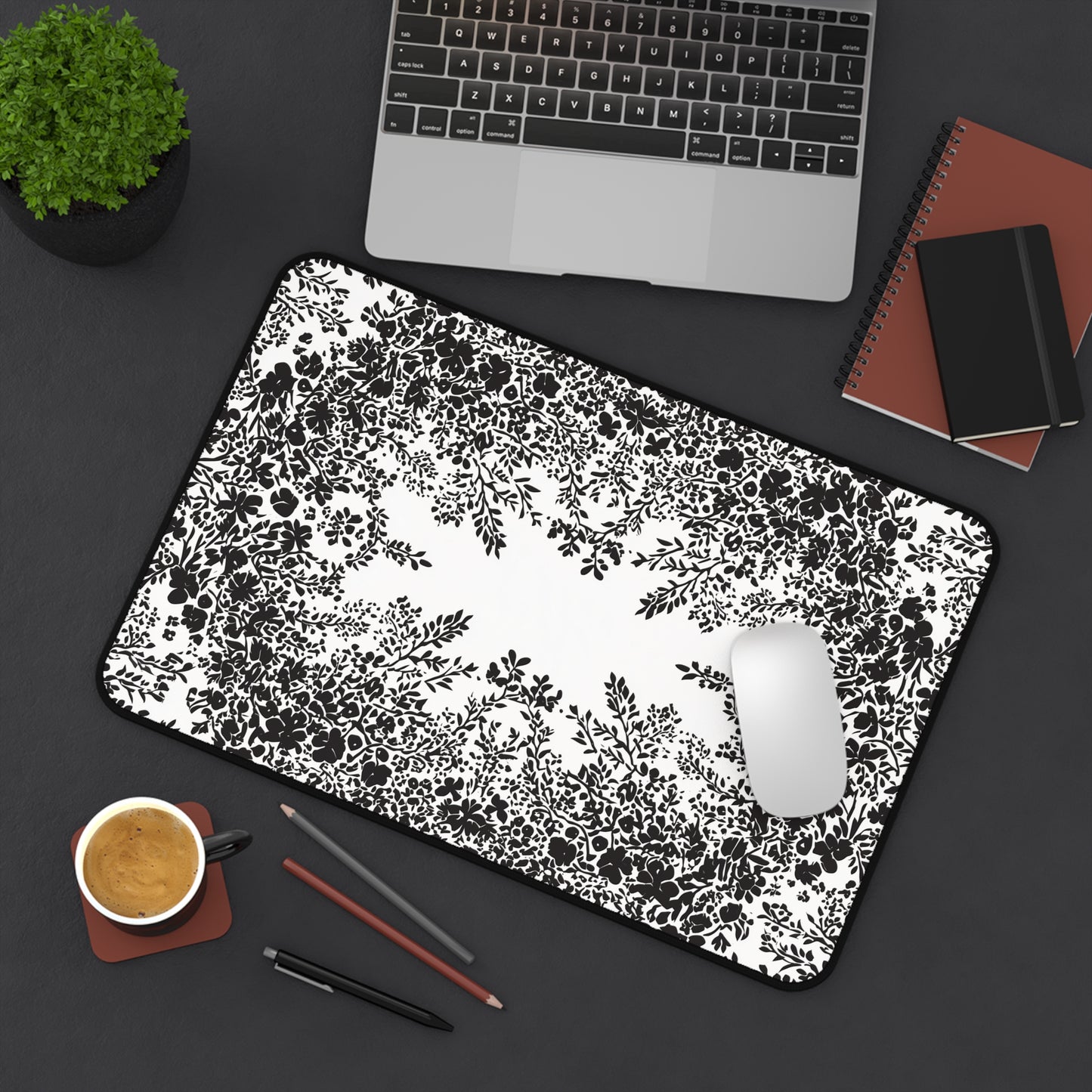 White Desk Mat with Black Flowers