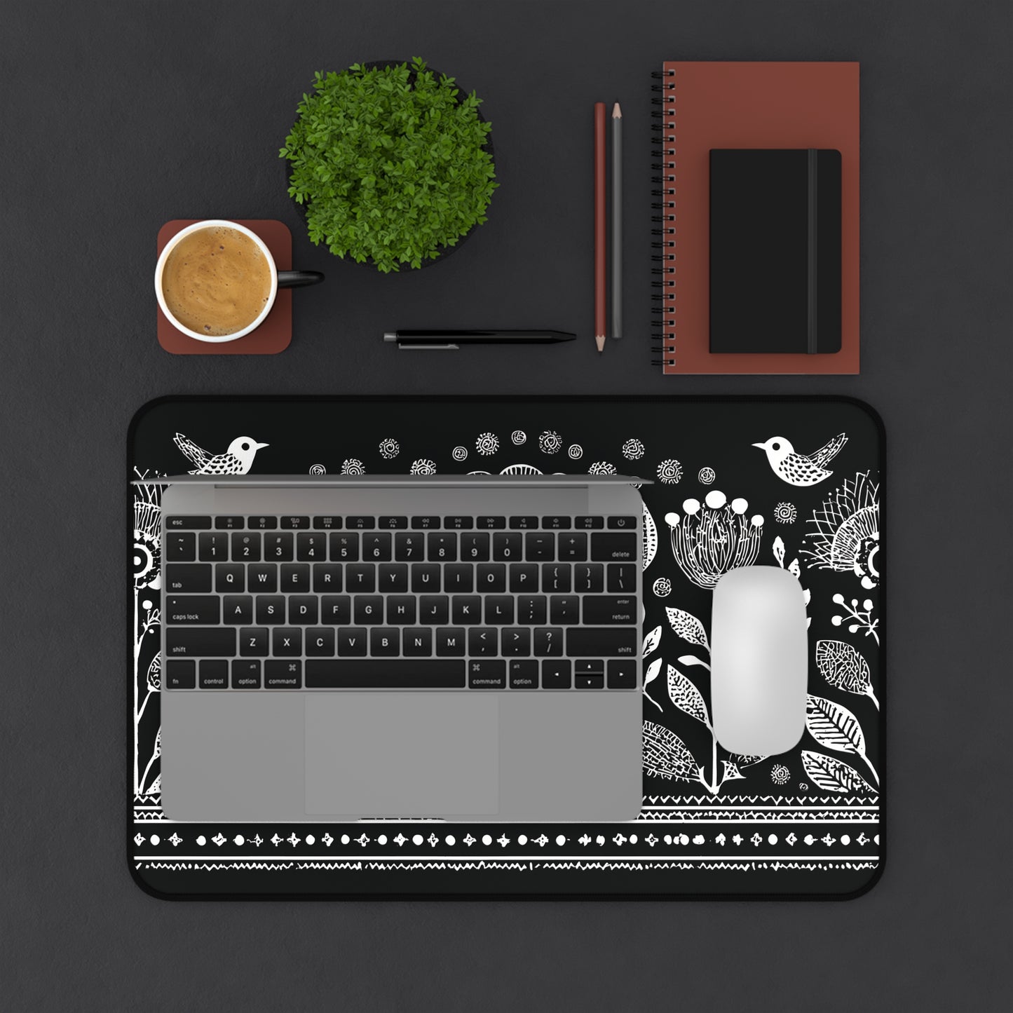Folk Art Floral Desk Mat: Scandinavian Black & White Mouse Pad XL
