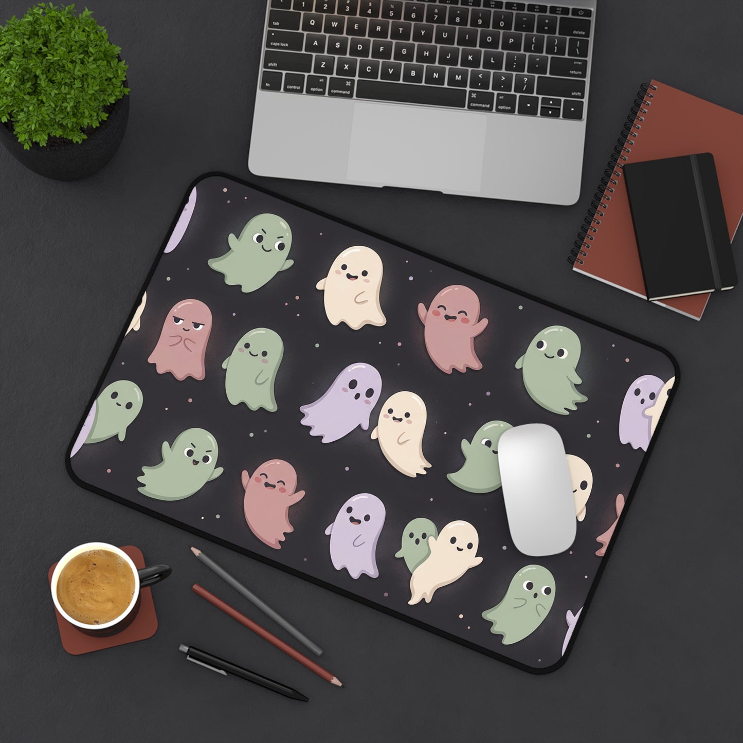Cute pastel Halloween ghost repeat desk mat, rounded shape and dark border