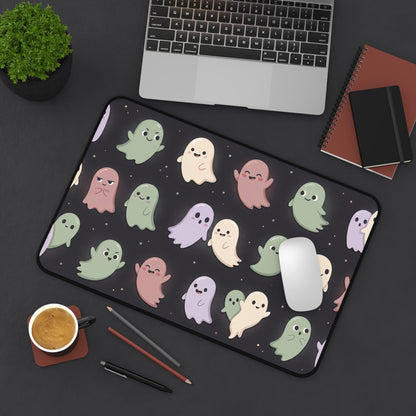 Cute pastel Halloween ghost repeat desk mat, rounded shape and dark border