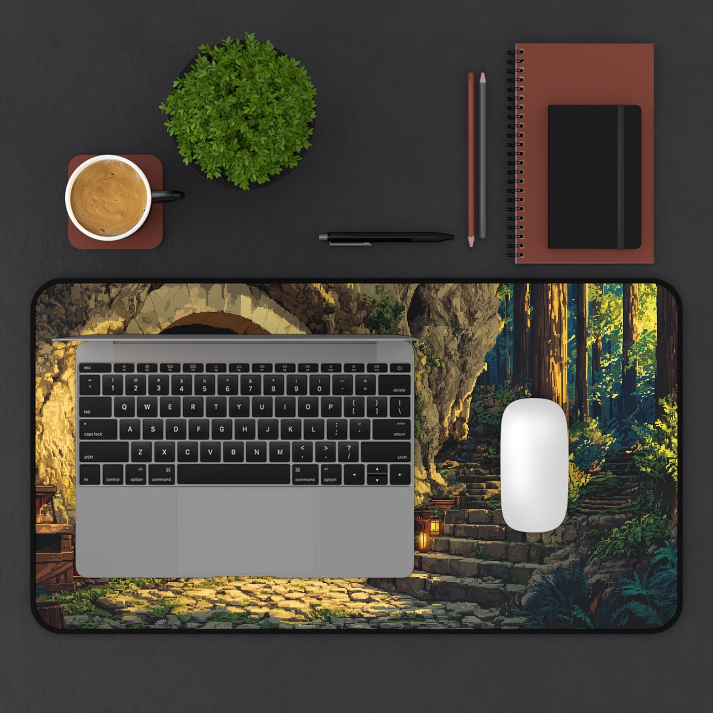 Pixel Art Desk Mat: Forest Cave Mouse Pad