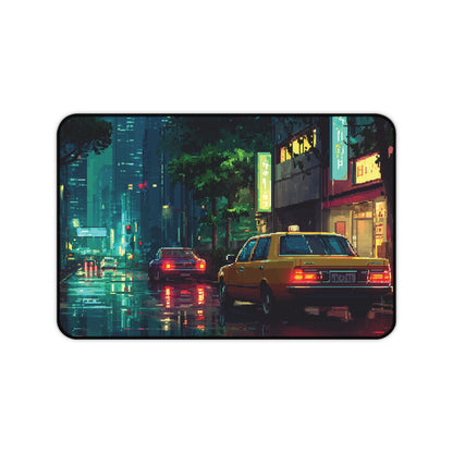 Pixel Art Desk Mat: Rainy Neon City Mouse Pad