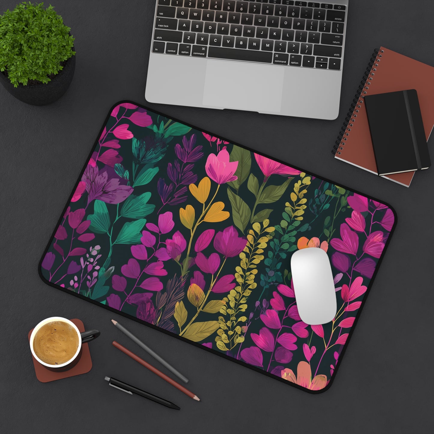 Floral Desk Mat Pink Green & Purple, Colorful Flowers Desk Pad