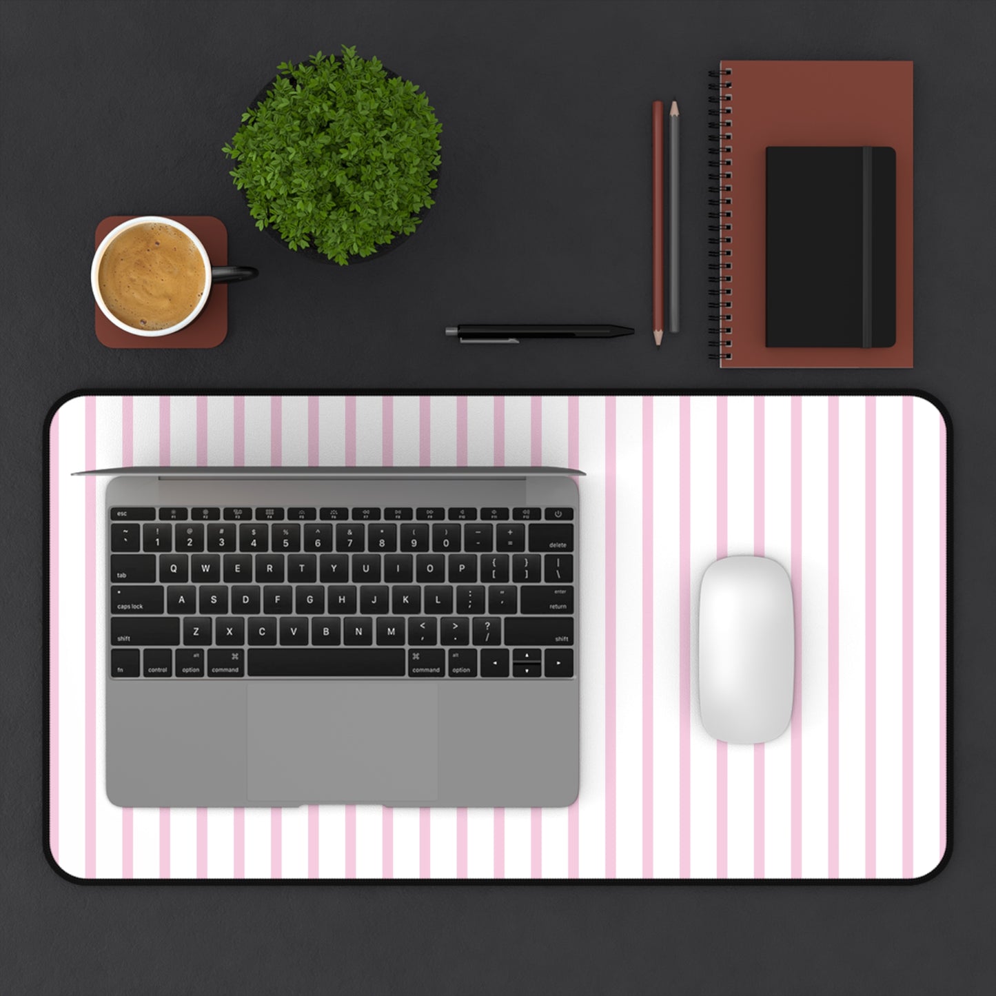 White and Pastel Pink Striped Desk Mat for Cute Office Decor