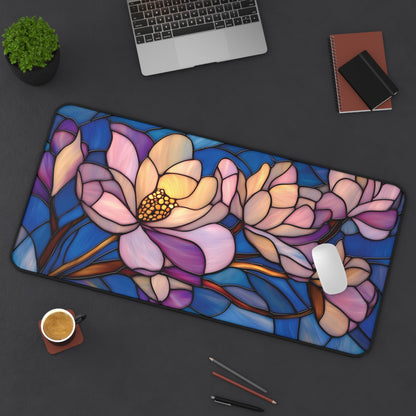 Stained Glass Style Magnolia Desk Mat: Pink & Blue Floral MousePad