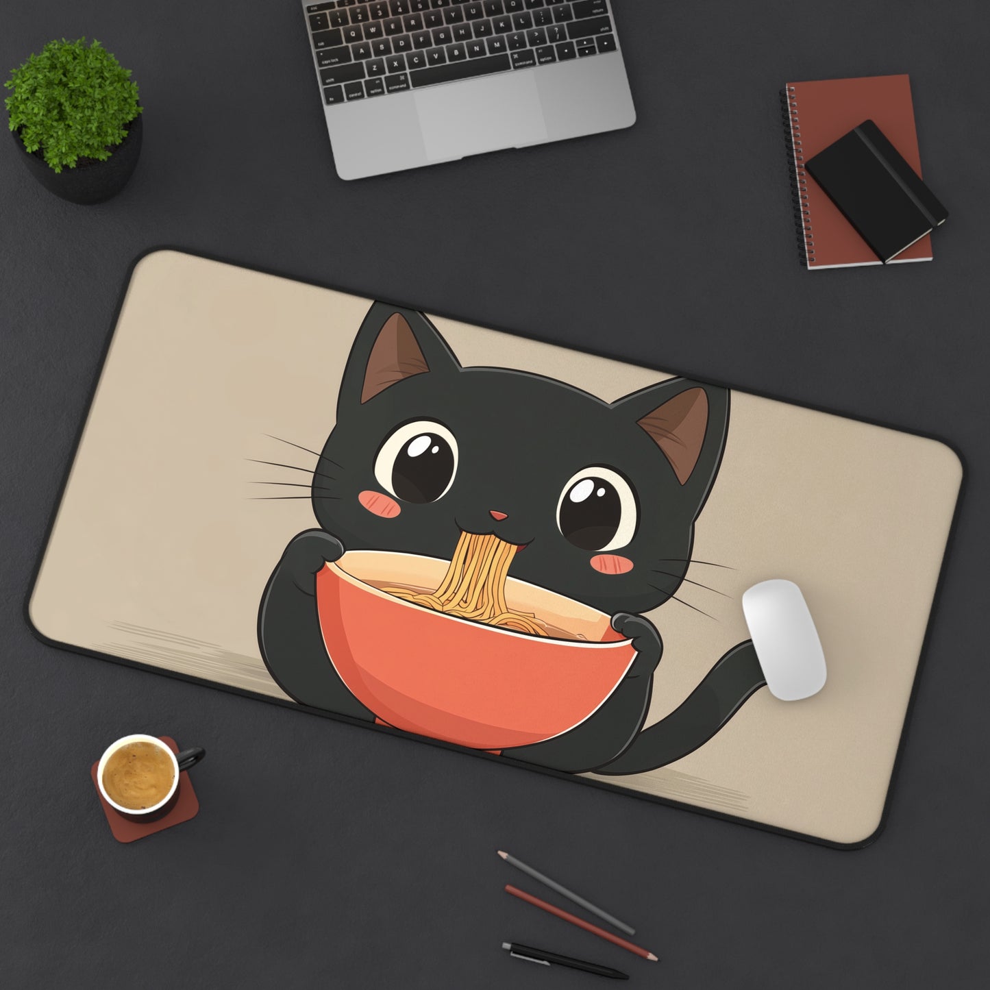 Cute Black Cat Desk Mat, Kawaii Mouse Pad for Cat Lovers, Black Cat Eating Ramen Desk Pad