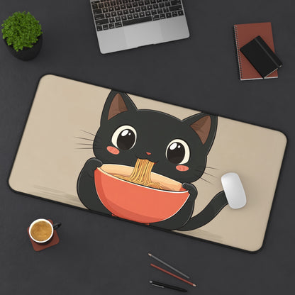 Cute Black Cat Desk Mat, Kawaii Mouse Pad for Cat Lovers, Black Cat Eating Ramen Desk Pad