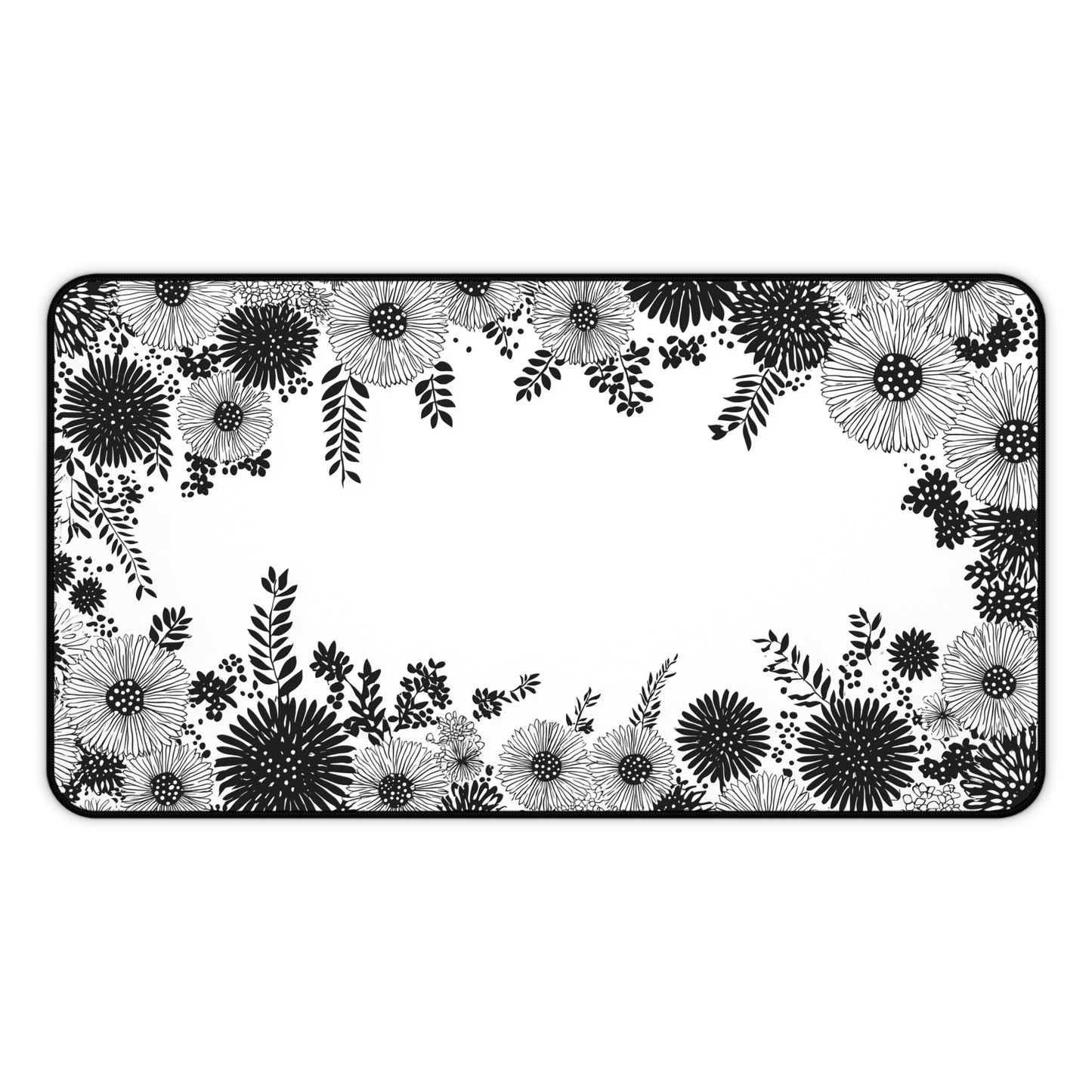 White Floral Desk Mat: Black Ink Flower Border Design