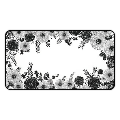 White Floral Desk Mat: Black Ink Flower Border Design