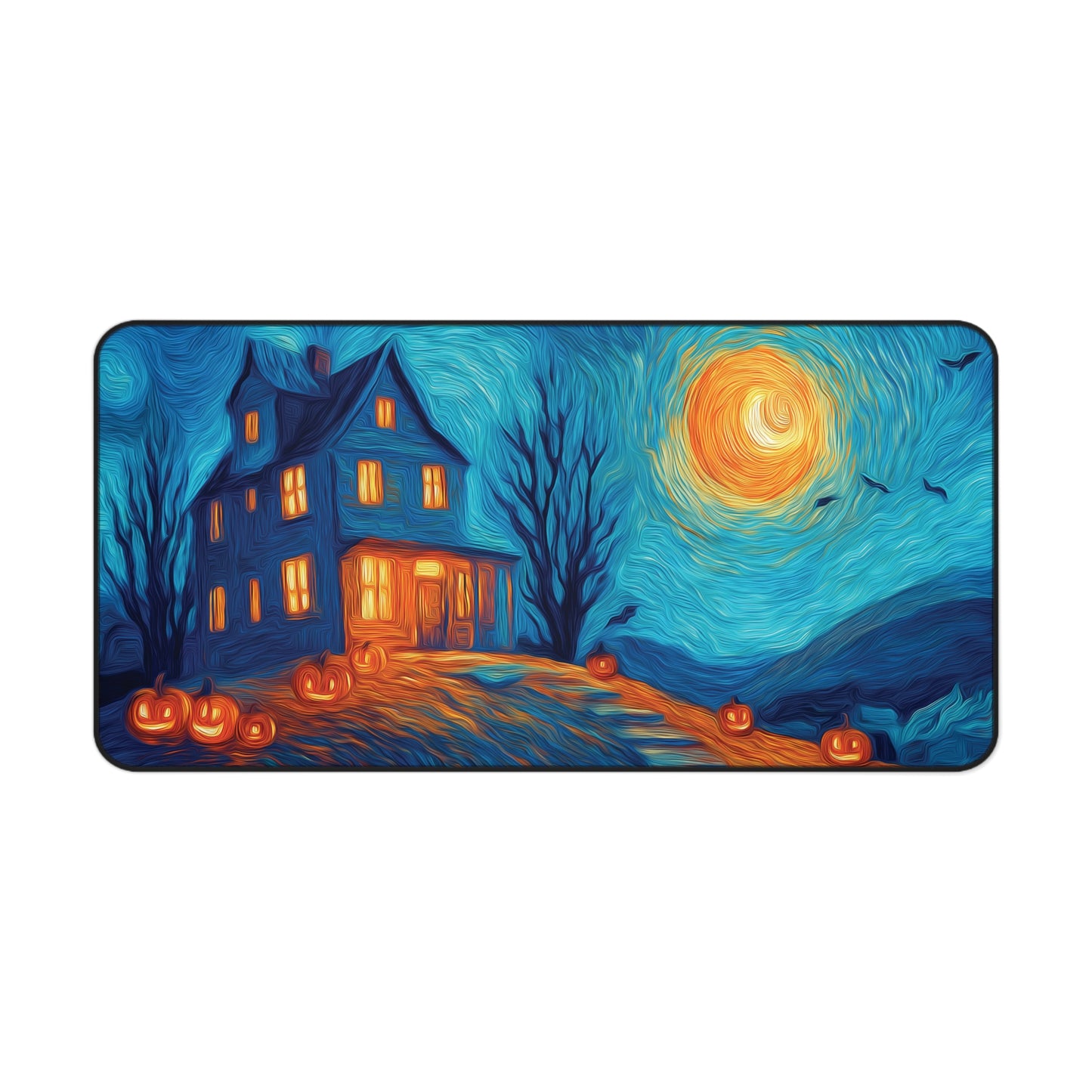 A rectangular desk mat featuring a stylized, Van Gogh-inspired Halloween scene with a haunted house, glowing jack-o'-lanterns, bats, and a bright moon in swirling blue and orange tones, shown on a plain white background.