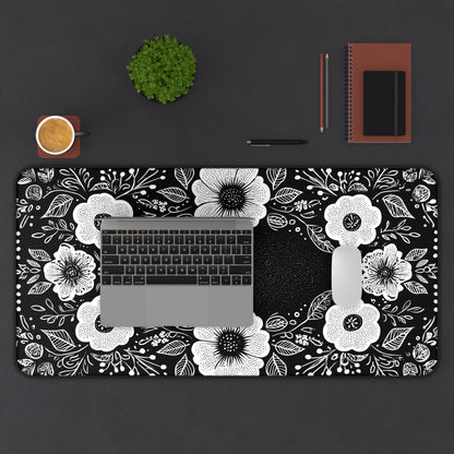 Black & White Floral Desk Mat: Hand-Drawn Botanical Mouse Pad