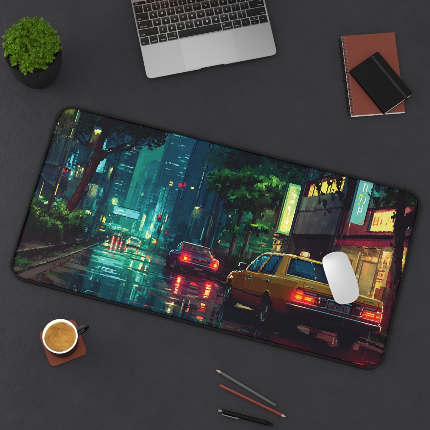 Pixel Art Desk Mat: Rainy Neon City Mouse Pad