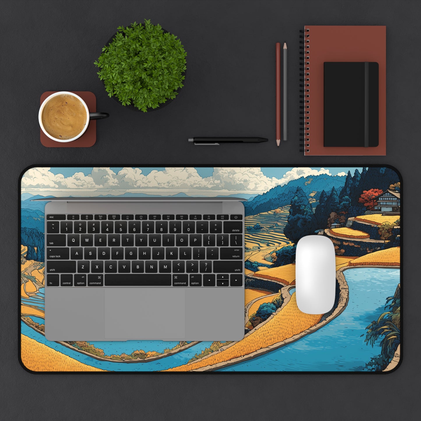 Japanese Desk Mat: Rice Fields Landscape Mouse Pad XL