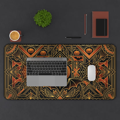 Desk mat featuring gold art deco pumpkin face and spiderweb design on a black base