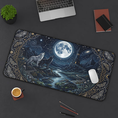 Mystical Wolf Moon Desk Mat: Celestial Nature Illustration