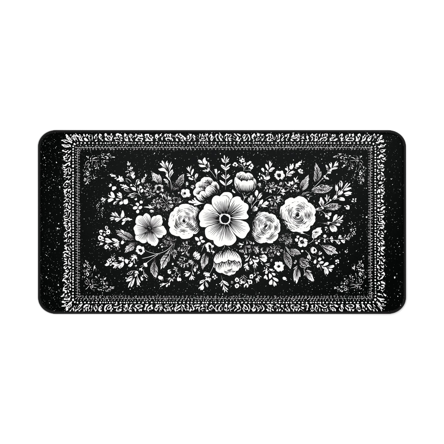 White Rose Desk Mat: Vintage Bouquet on Black Mouse Pad