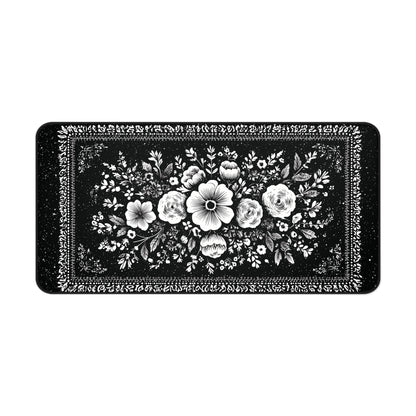 White Rose Desk Mat: Vintage Bouquet on Black Mouse Pad