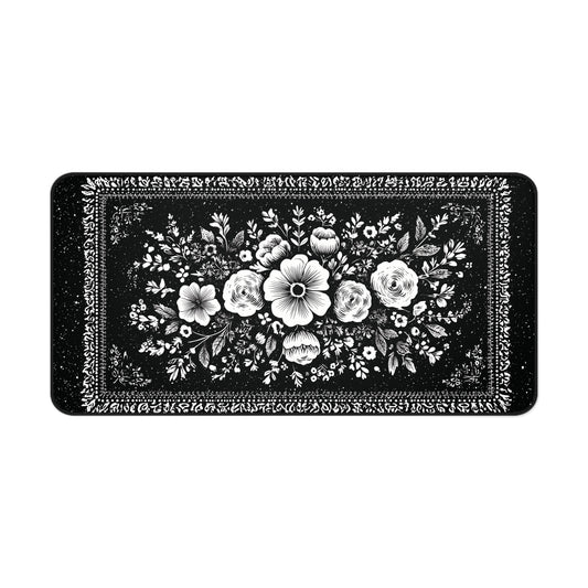 White Rose Desk Mat: Vintage Bouquet on Black Mouse Pad