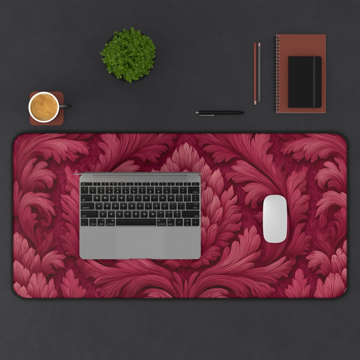 Ruby Red Desk Mat: Velvet-Look Damask Acanthus Design
