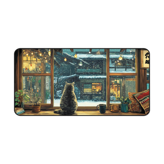Cozy Cat Desk Mat, Anime Style Snowy Desk Pad for Cat Lovers